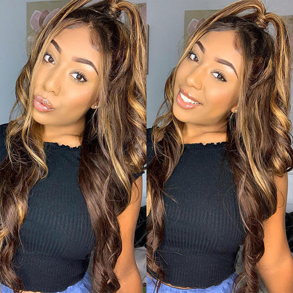 Sterly Hair Black Roots with 4/27 Highlight Wig Body Wave Lace Front Human Hair Wig