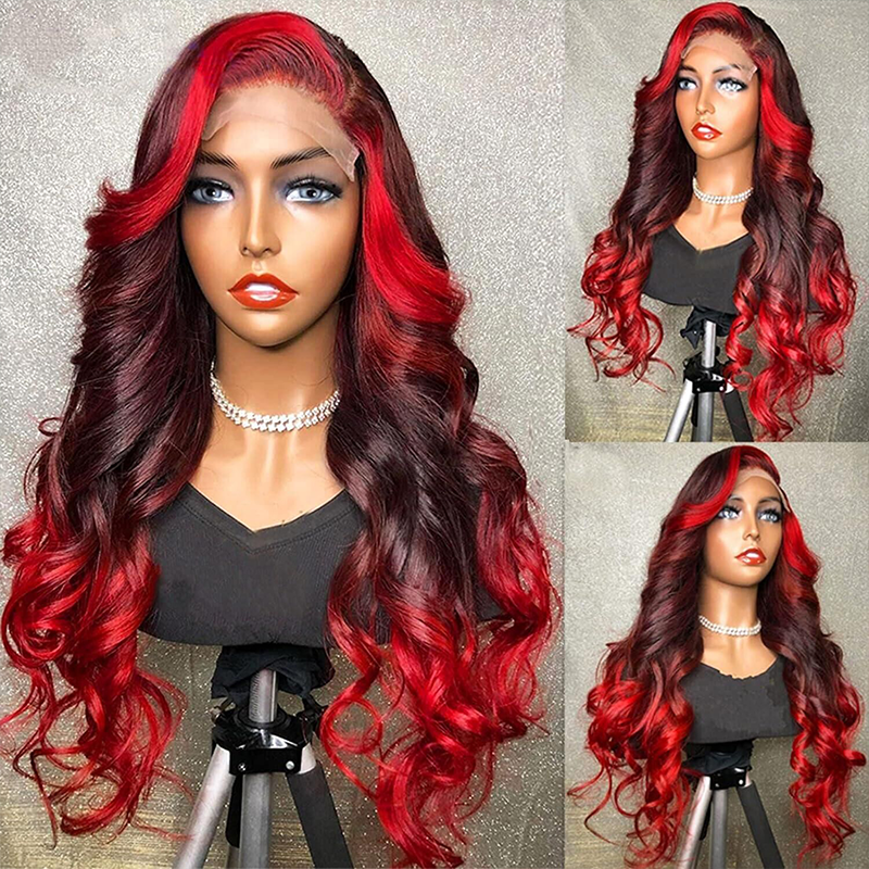Sterly Ombre Red With Burgundy Body Wave Lace Front Human Hair Wigs for Black Women