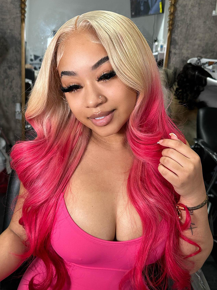 Sterly Blonde With Pink Ombre Color 13×6 Body Wave Lace Front Wig 210% Denisty