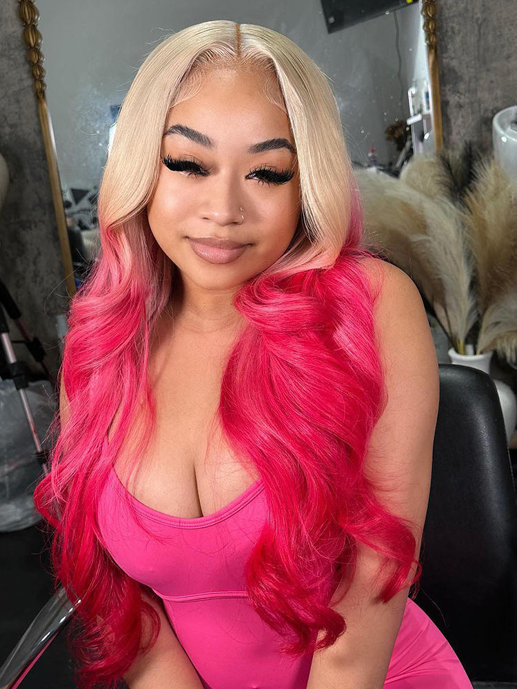 Sterly Blonde With Pink Ombre Color 13×6 Body Wave Lace Front Wig 210% Denisty