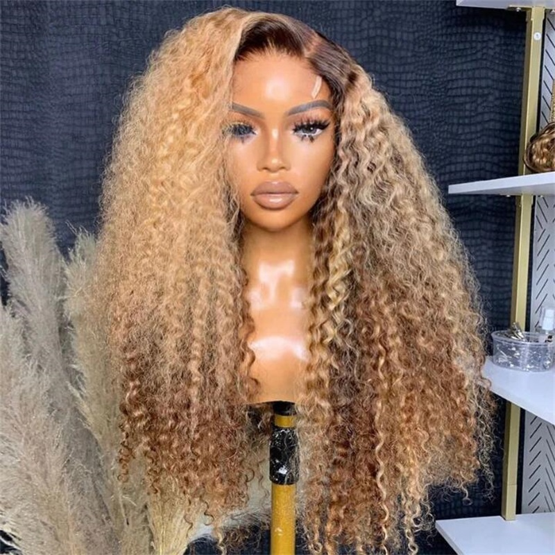 Sterly Highlight Color Honey Blonde With Brown Roots Curly Human Hair Peekaboo Wig