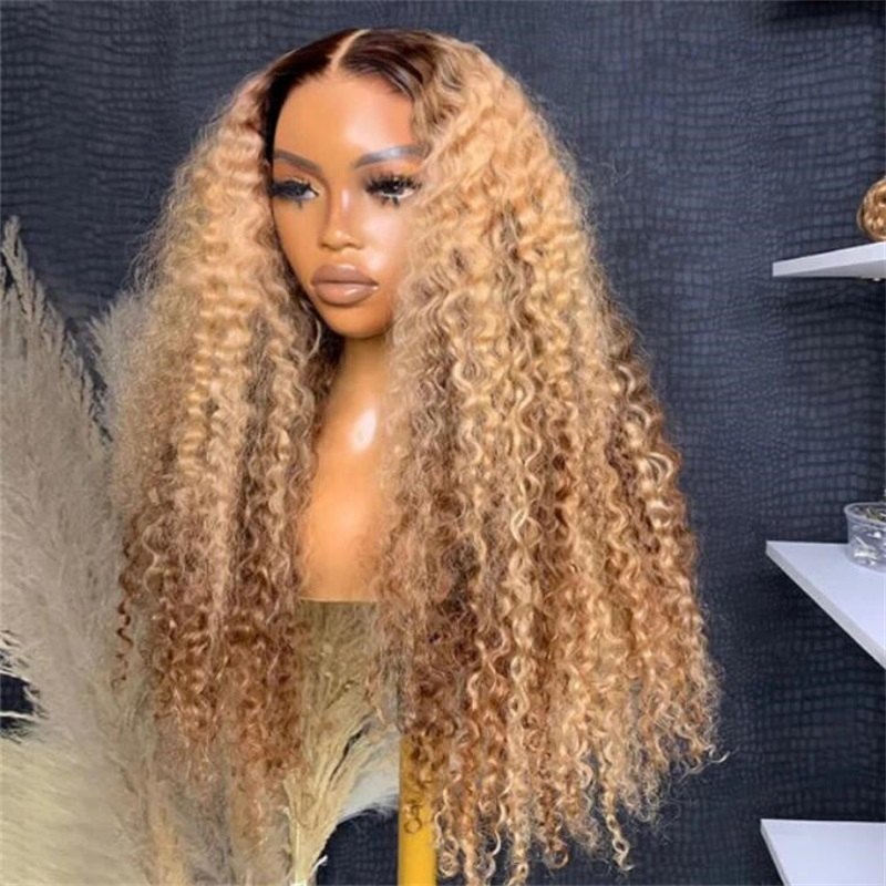 Sterly Highlight Color Honey Blonde With Brown Roots Curly Human Hair Peekaboo Wig