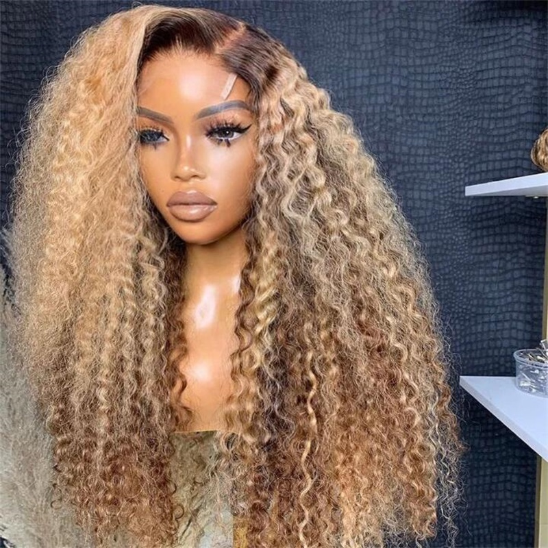 Sterly Highlight Color Honey Blonde With Brown Roots Curly Human Hair Peekaboo Wig