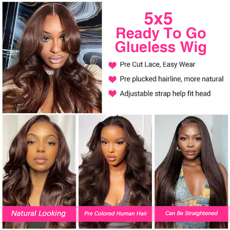 Sterly #4 Brown Loose Body 5×5 Ready To Go Wigs Colored Brown Lace Front Wigs