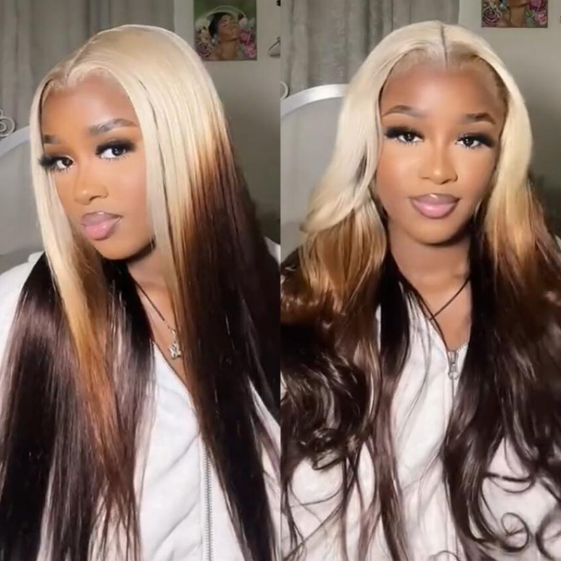 Sterly 250% Density Blonde Ombre Dark Brown 13x6 Straight Lace Front Human Hair Wigs