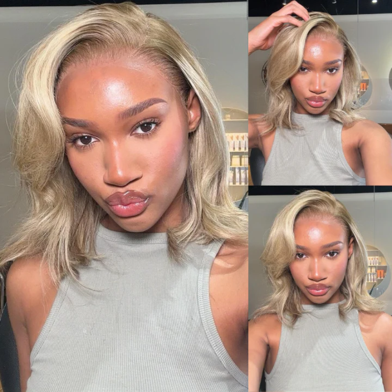 Sterly Ombre Ash Blonde Straight Short Bob Wigs 13×4 Transparent Lace Frontal Wig