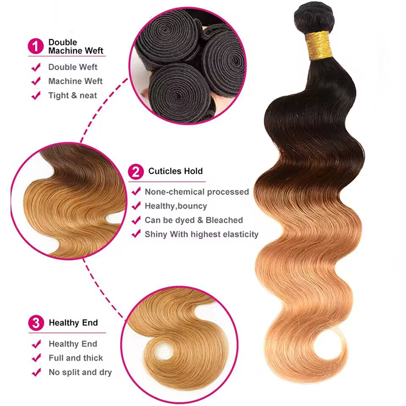Sterly Colored Body Wave Bundles With 5×5 Lace Closure T1B/T4/27 Ombre Human Bundles With 13x6 Lace Frontal
