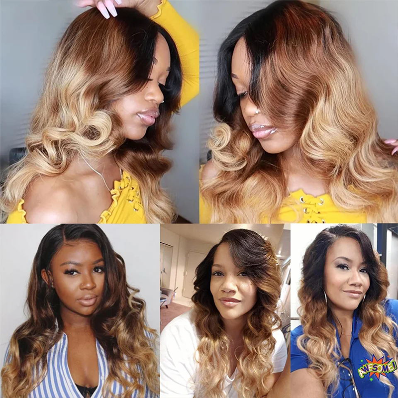 Sterly Colored Body Wave Bundles With 5×5 Lace Closure T1B/T4/27 Ombre Human Bundles With 13x6 Lace Frontal