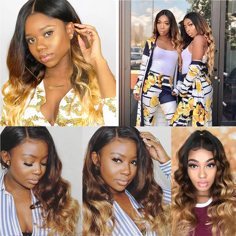 Sterly Colored Body Wave Bundles With 5×5 Lace Closure T1B/T4/27 Ombre Human Bundles With 13x6 Lace Frontal