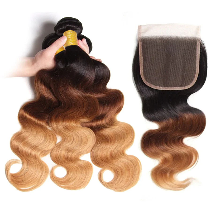 Sterly Colored Body Wave Bundles With 5×5 Lace Closure T1B/T4/27 Ombre Human Bundles With 13x6 Lace Frontal