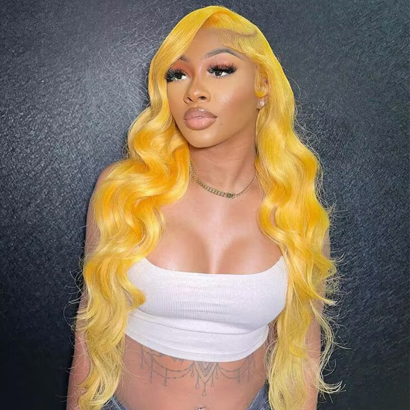 Sterly Yellow Long 13×4 Body Wave Frontal Lace Wig Colored Human Hair Wigs