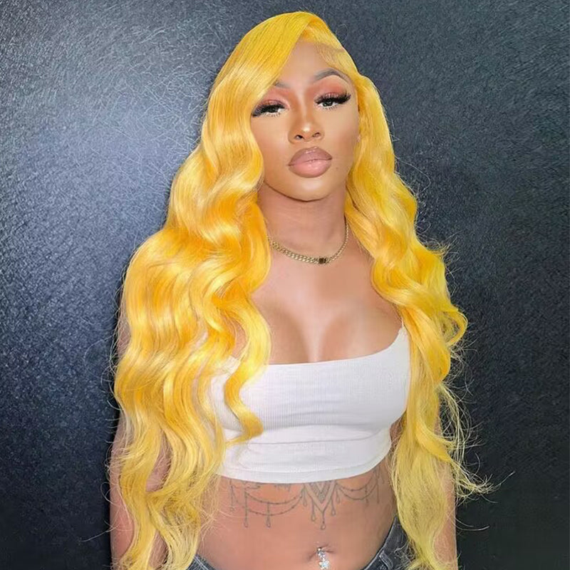 Sterly Yellow Long 13×4 Body Wave Frontal Lace Wig Colored Human Hair Wigs