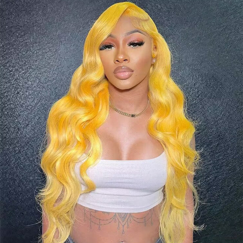 Sterly Yellow Long 13×4 Body Wave Frontal Lace Wig Colored Human Hair Wigs