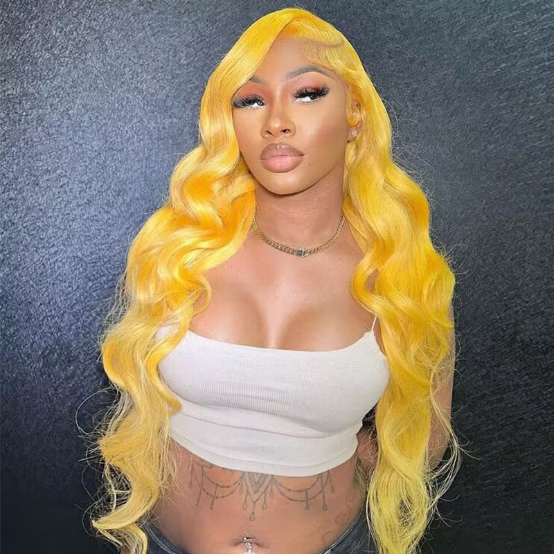 Sterly Yellow Long 13×4 Body Wave Frontal Lace Wig Colored Human Hair Wigs