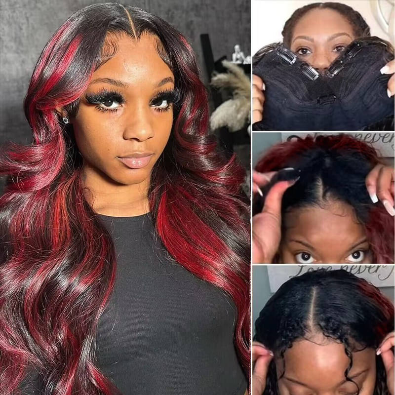 𝐍𝐄𝐖 ✅Straight P1B/99J Black Hair With Burgundy Highlight V/U Part Wig Human Hair No Leave Out