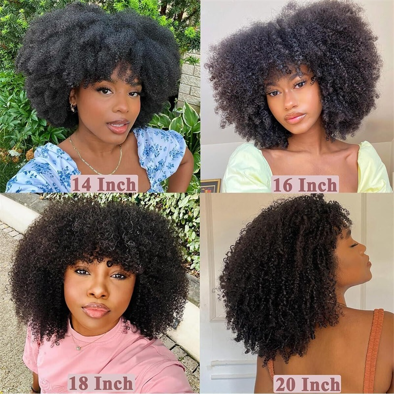 Perruque de cheveux humains bouclés crépus sans colle 4b/4c avec frange, brun ombré, entièrement fabriquée à la machine, densité 250 %