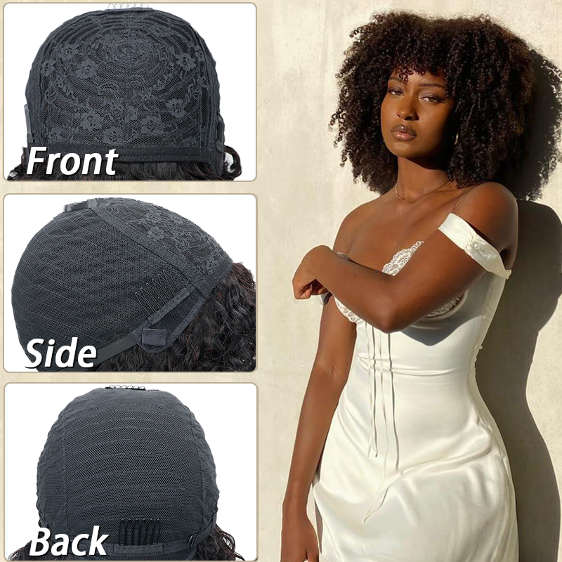 Perruque de cheveux humains bouclés crépus sans colle 4b/4c avec frange, brun ombré, entièrement fabriquée à la machine, densité 250 %