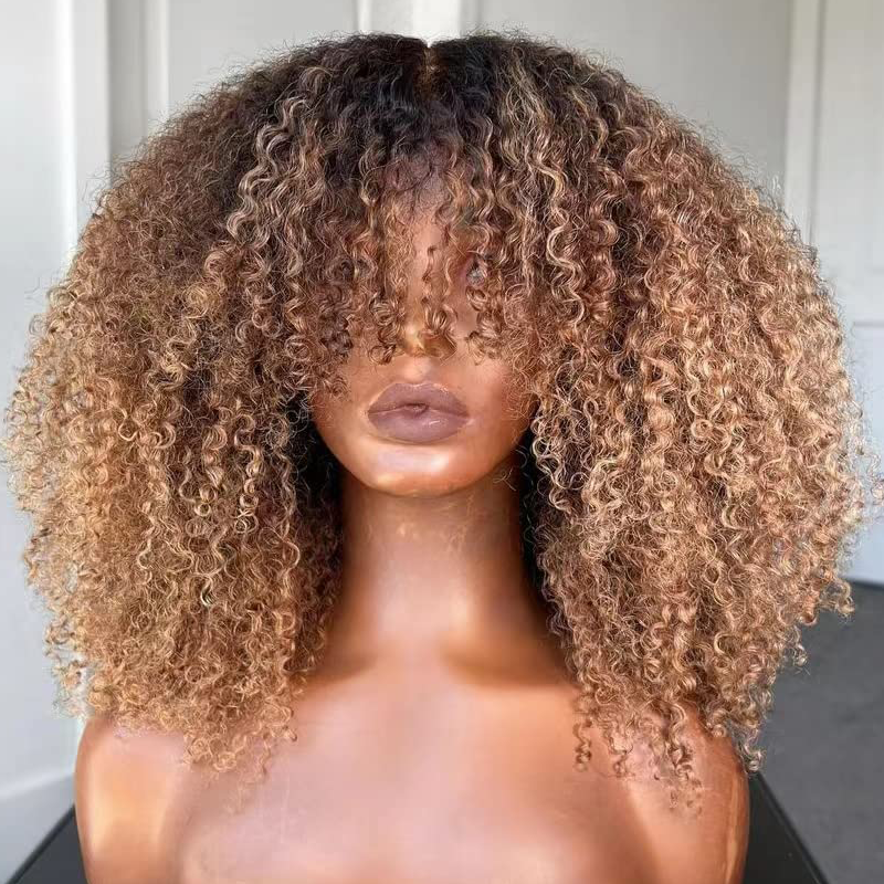 3c/4a Ombre Brown Glueless Kinky Curly Human Hair Wig with Bangs Full Machine Made Scalp Top Wig 250% Density