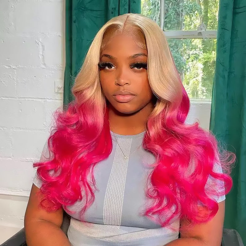 Sterly Blonde With Pink Ombre Color 13×6 Body Wave Lace Front Wig 210% Denisty