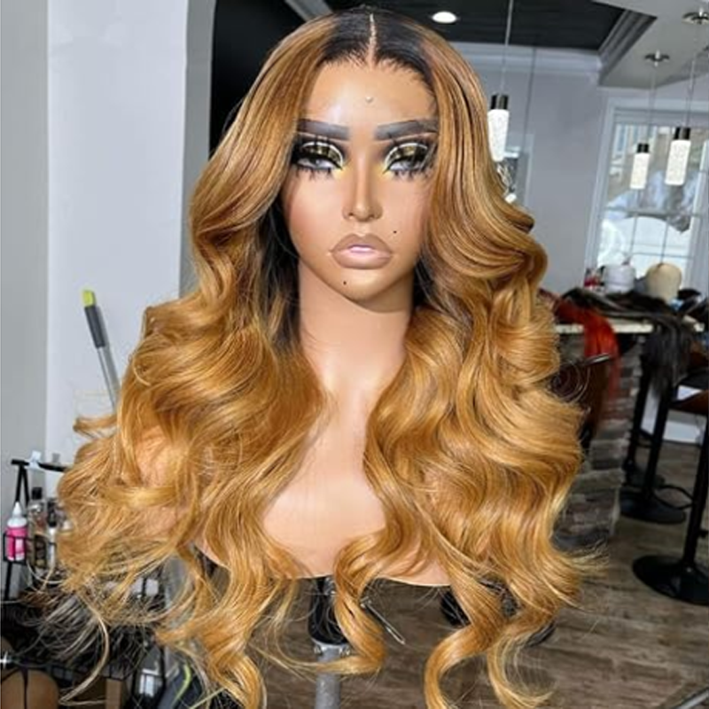 Sterly Ombre Honey Blonde With Black Roots Glueless Loose Body Wave Human Hair Wigs