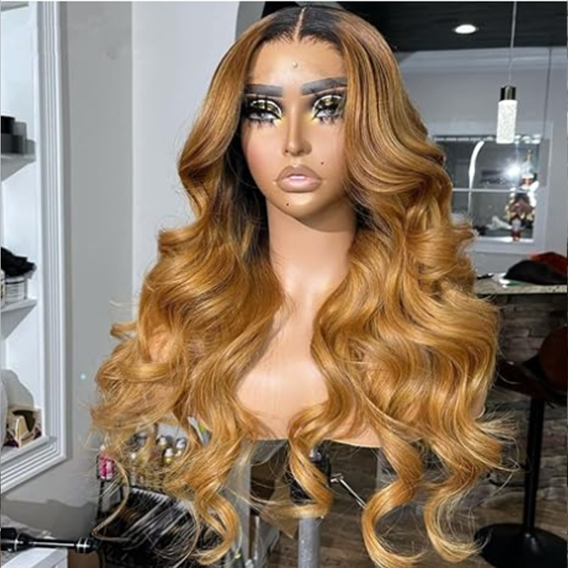 Sterly Ombre Honey Blonde With Black Roots Glueless Loose Body Wave Human Hair Wigs