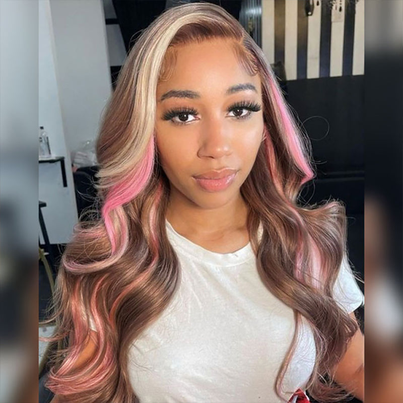 Sterly Pink Blonde Balayage On Brown Hair Wigs Loose Body Wave Lace Closure Front Wigs