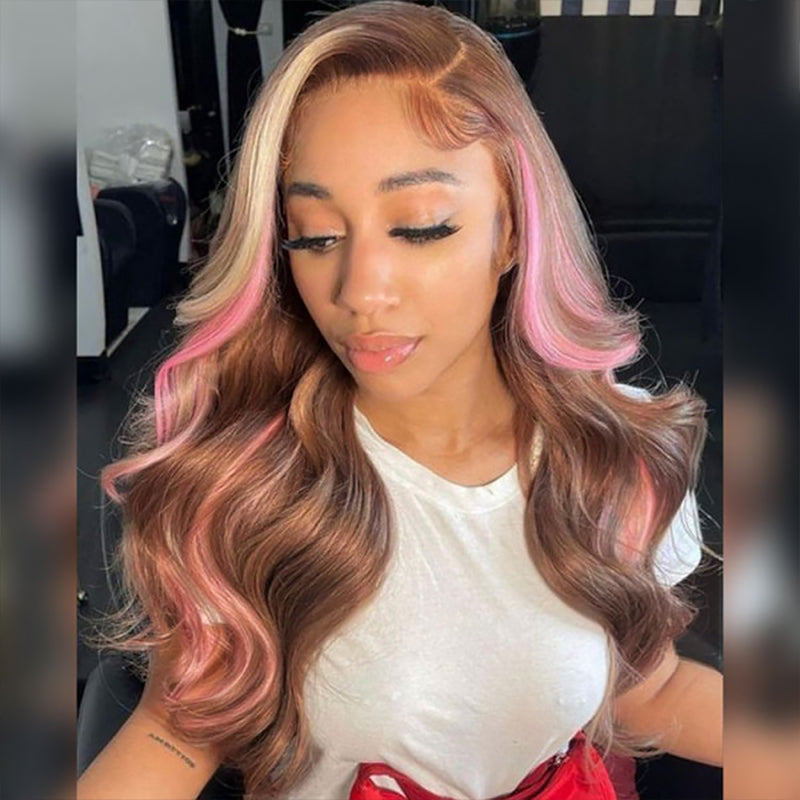 Sterly Pink Blonde Balayage On Brown Hair Wigs Loose Body Wave Lace Closure Front Wigs