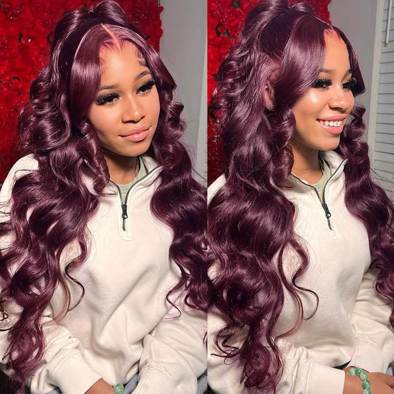 Hot&Pop Trend Dark Purple Plum Colored Lace Front Human Hair Wig