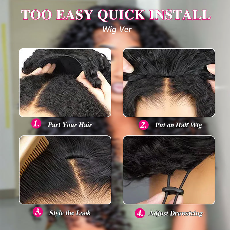 Burmese Curly 3-In-1 Half Wig Glueless Install with Drawstring Beginner Friendly