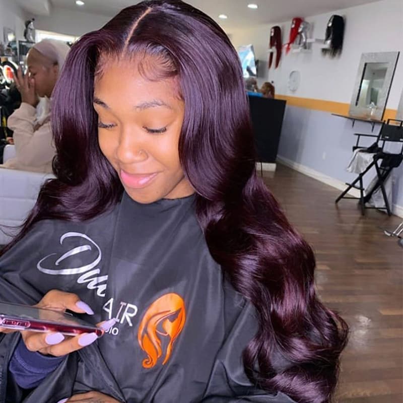 Hot&Pop Trend Dark Purple Plum Colored Lace Front Human Hair Wig