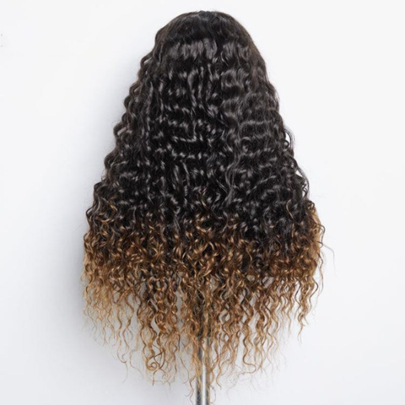 Fluffy Brown Ombre Highlights Water Wave Wigs For Women Colored Human Hair Wig