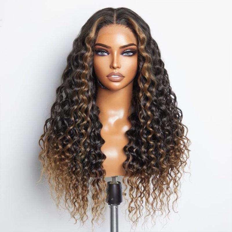 Fluffy Brown Ombre Highlights Water Wave Wigs For Women Colored Human Hair Wig