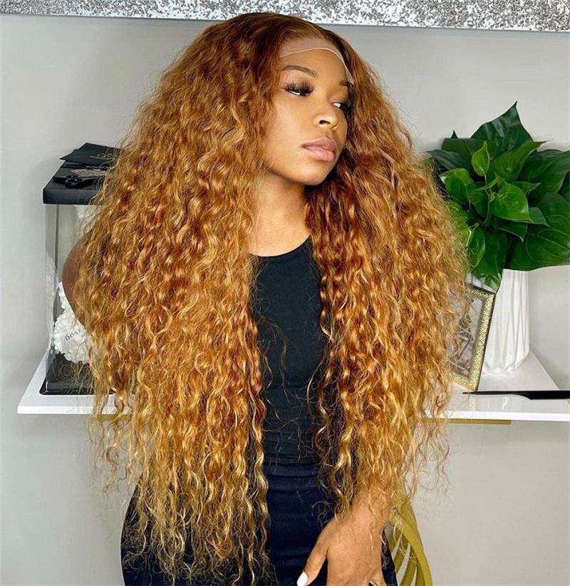 Deep Wave Ombre Honey Light Brown Wig With Chocolate Brown Dark Roots