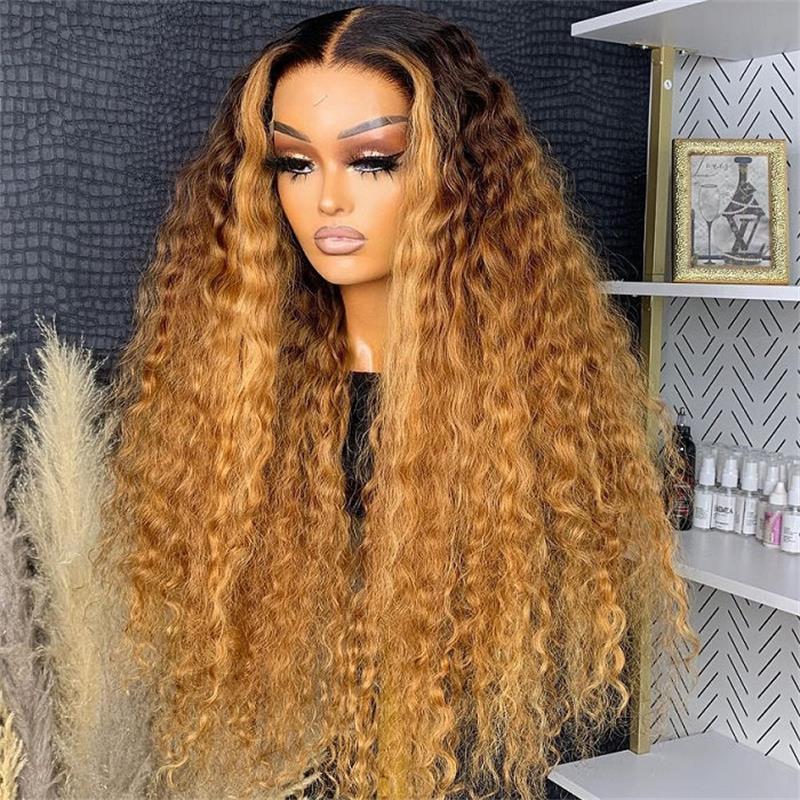 Deep Wave Ombre Honey Light Brown Wig With Chocolate Brown Dark Roots