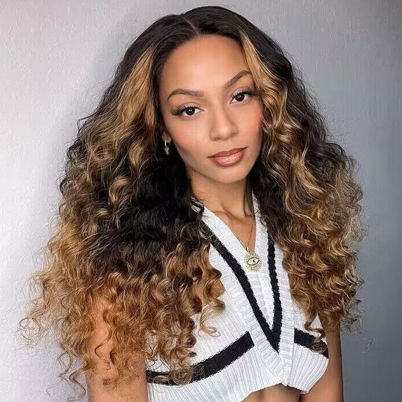 Fluffy Brown Ombre Highlights Water Wave Wigs For Women Colored Human Hair Wig