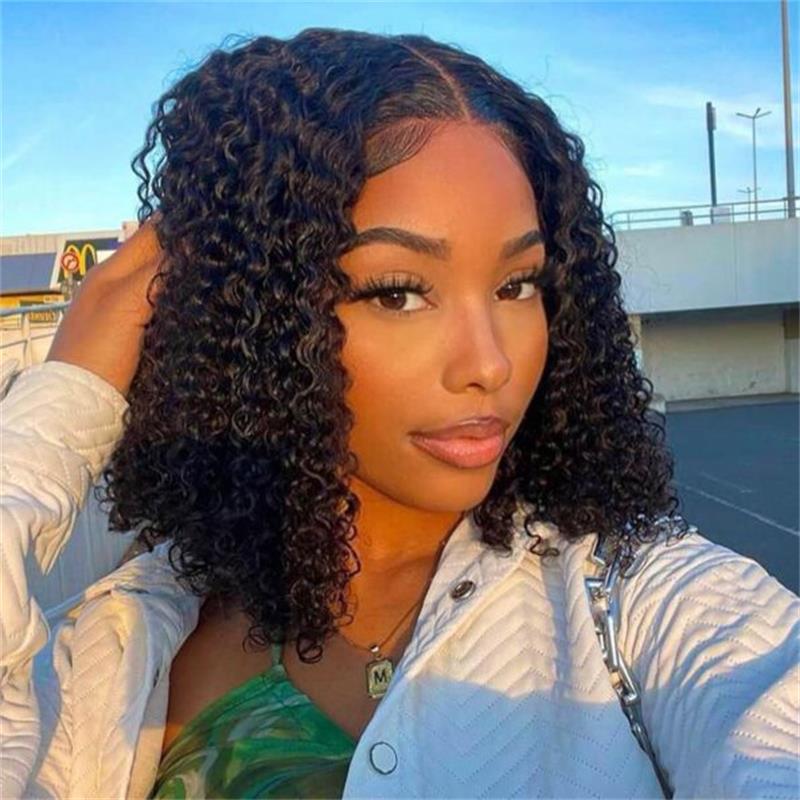 Perruque Air Bob bouclée 7×5/6x6 Bob pré-coupée en dentelle pré-plissée, cheveux humains sans colle, à porter