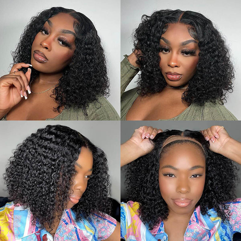 Perruque Air Bob bouclée 7×5/6x6 Bob pré-coupée en dentelle pré-plissée, cheveux humains sans colle, à porter