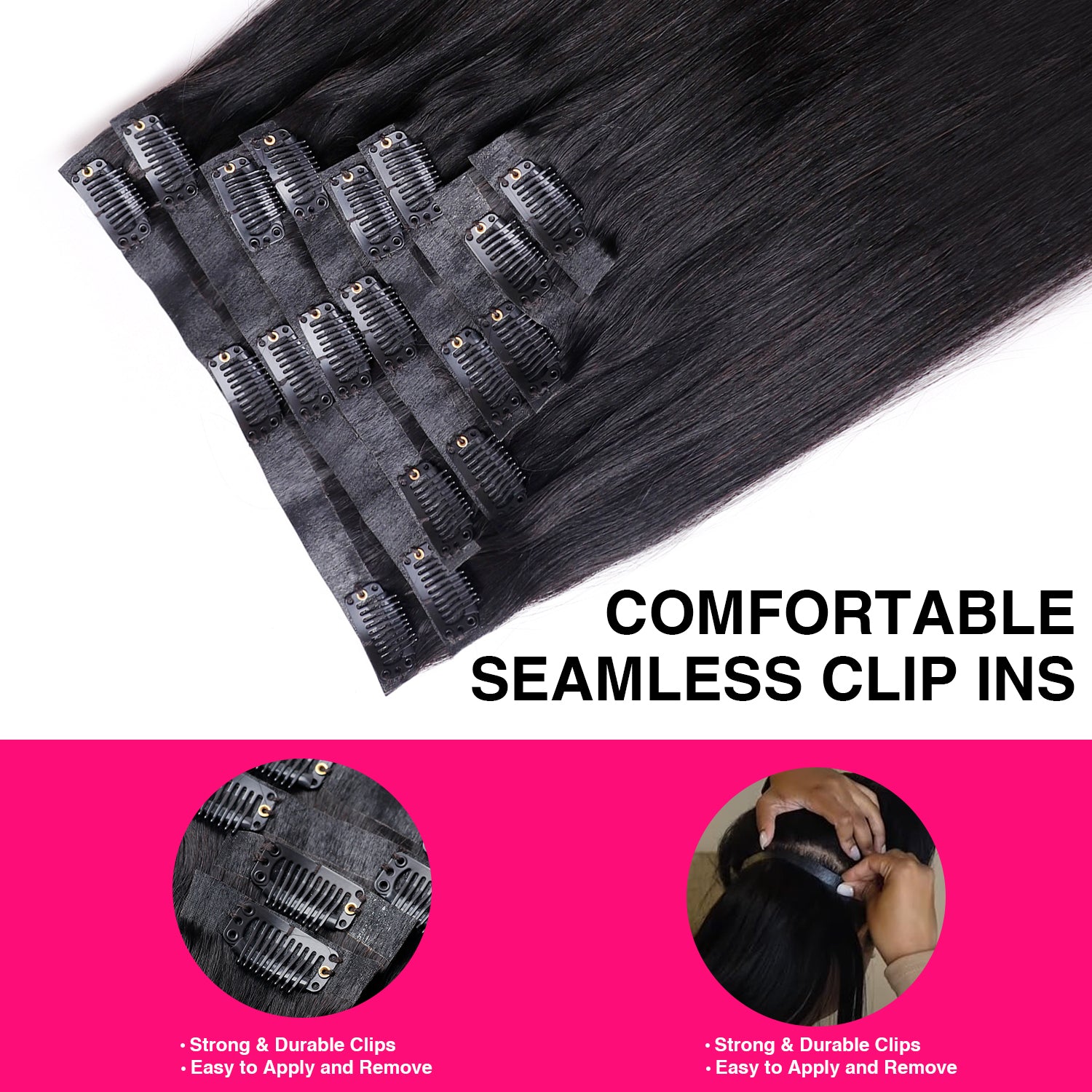 PU Seamless Clip In Hair Extensions Silky Straight PU Clip Ins For Black Women 8pcs With 18 Clips