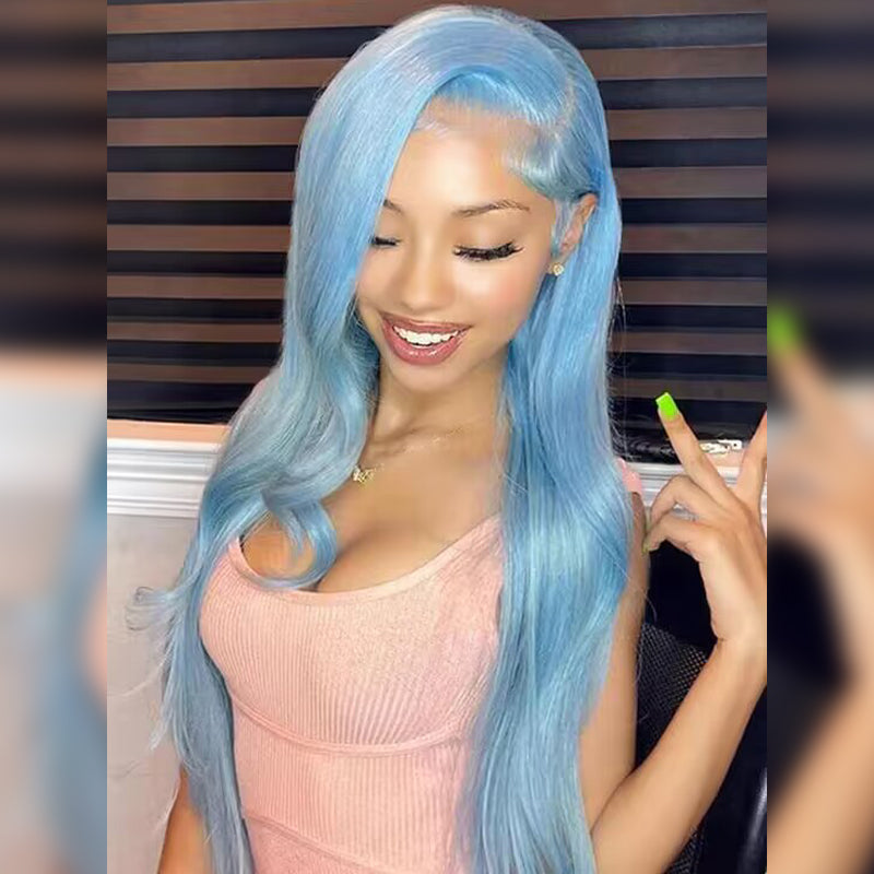 Sterly Lake Brilliant Blue Human Hair Wig Straight/Body Wave Lace Front Wig
