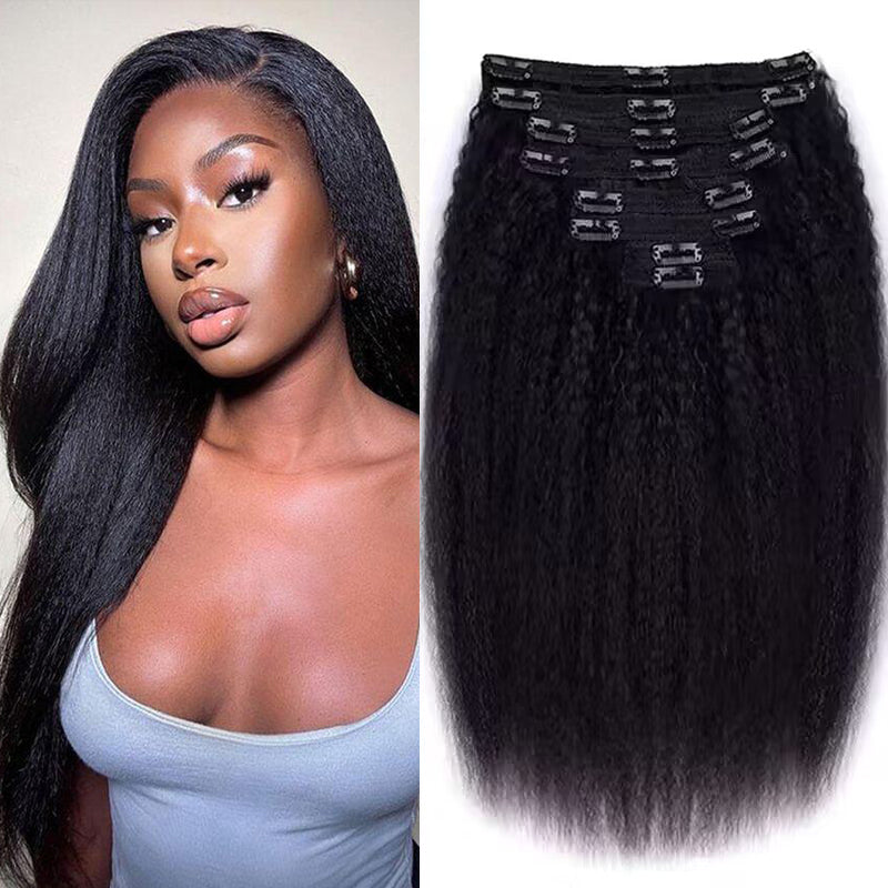 Sterly Clip-in Hair Kinky Straight Human Hair Extensions 8pcs Per Set with 18Clips
