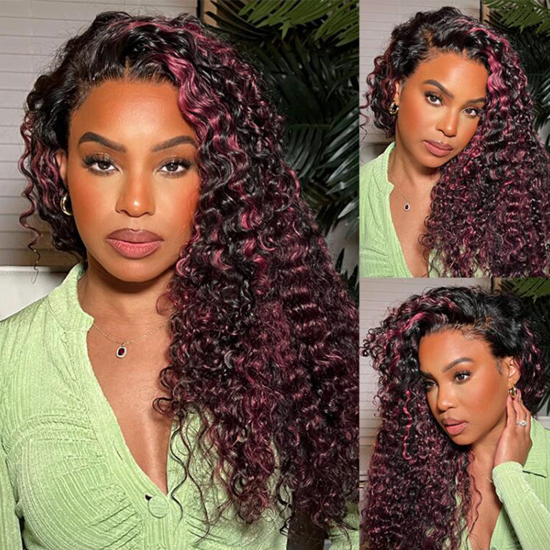 Sterly P1B/99J Deep Wave Wig Burgundy Highlight Colored Lace Frontal Human Hair Wig