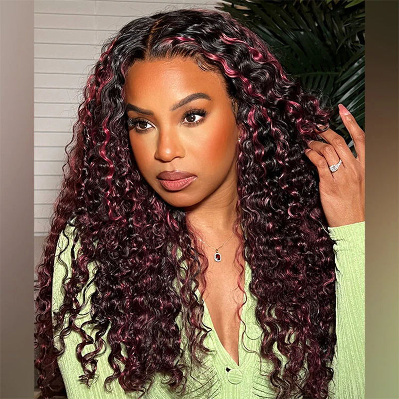 Sterly P1B/99J Deep Wave Wig Burgundy Highlight Colored Lace Frontal Human Hair Wig