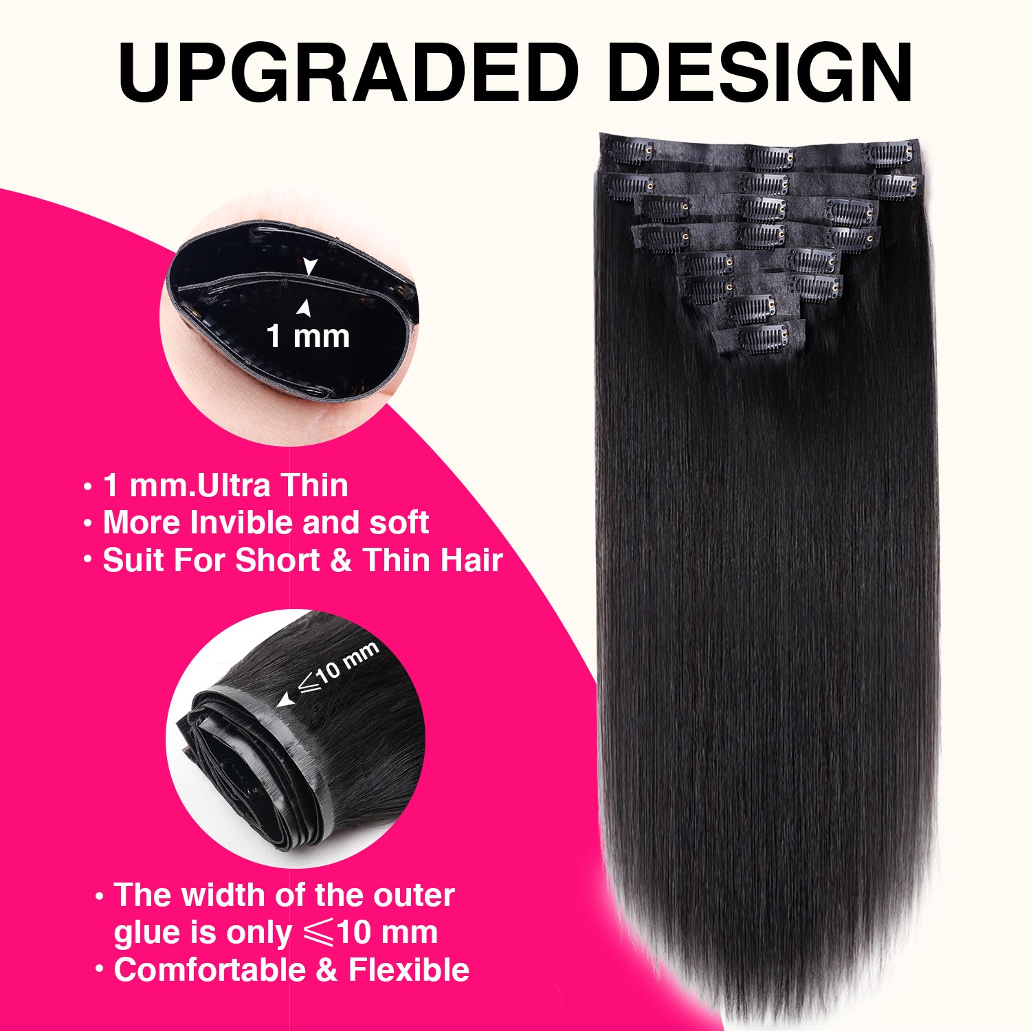 PU Seamless Clip In Hair Extensions Silky Straight PU Clip Ins For Black Women 8pcs With 18 Clips