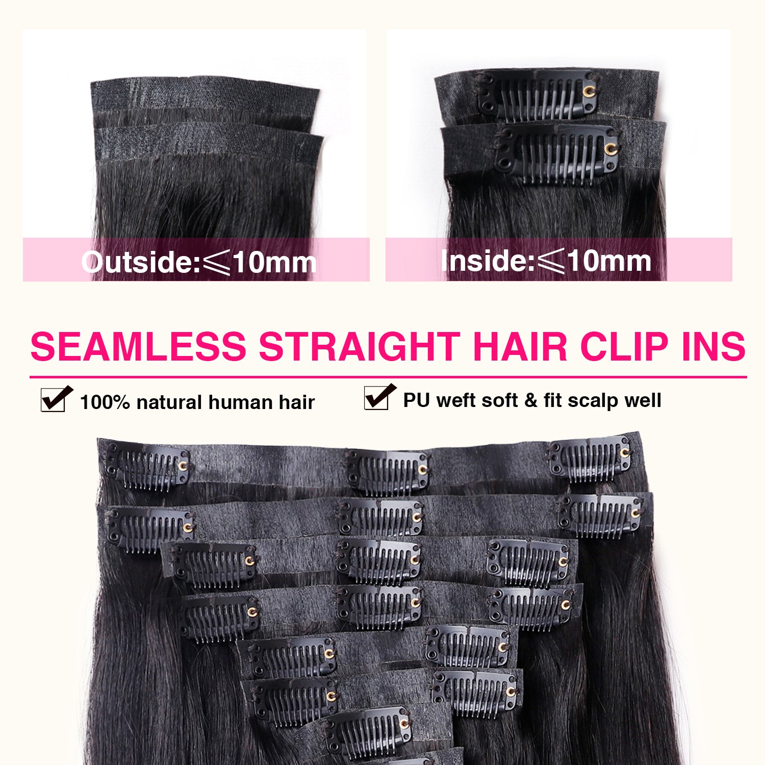 PU Seamless Clip In Hair Extensions Silky Straight PU Clip Ins For Black Women 8pcs With 18 Clips