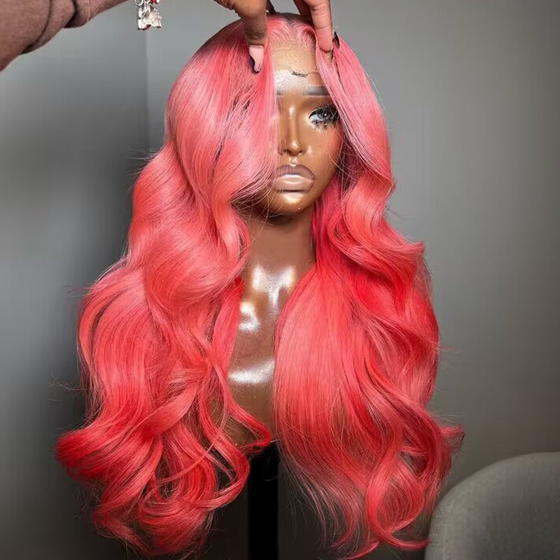 Sterly Pink Transparent Lace Front Wigs Long Body Wave Human Hair Wigs For Women
