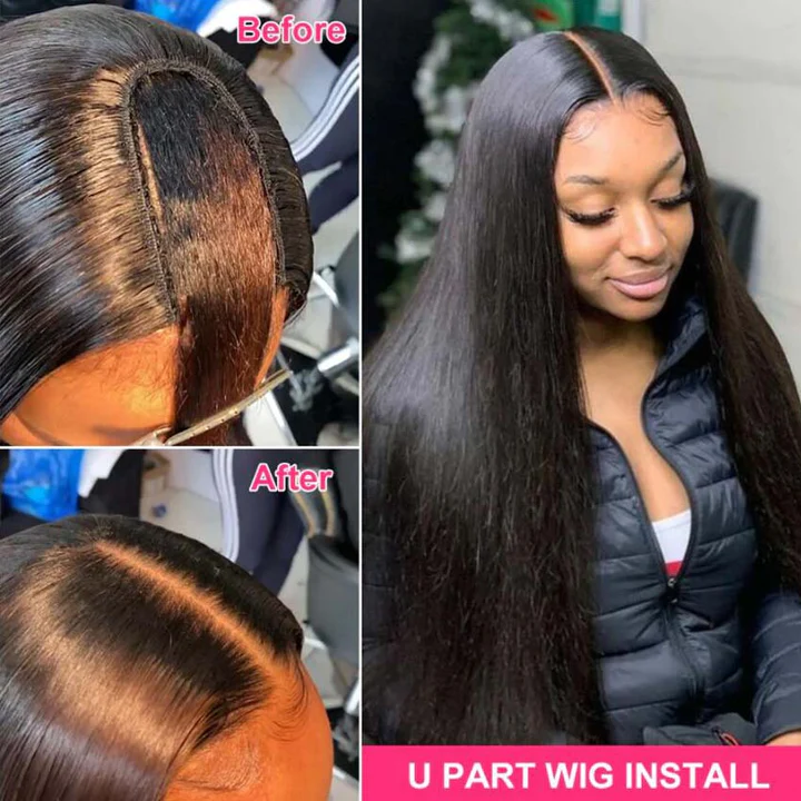 Perruques de cheveux raides sans colle en U de 12 à 32 pouces pour femmes noires