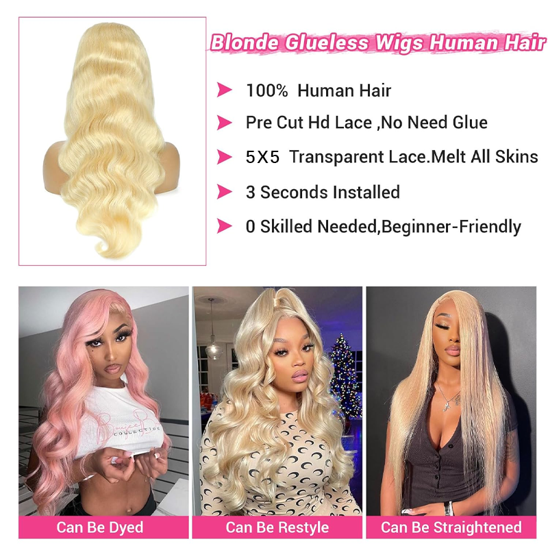 Pre-Cut Lace Glueless Blonde 5×5 Closure Wig Human Hair 250% Density Body Wave / Straight Hair