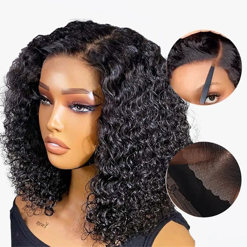 Perruque Air Bob bouclée 7×5/6x6 Bob pré-coupée en dentelle pré-plissée, cheveux humains sans colle, à porter