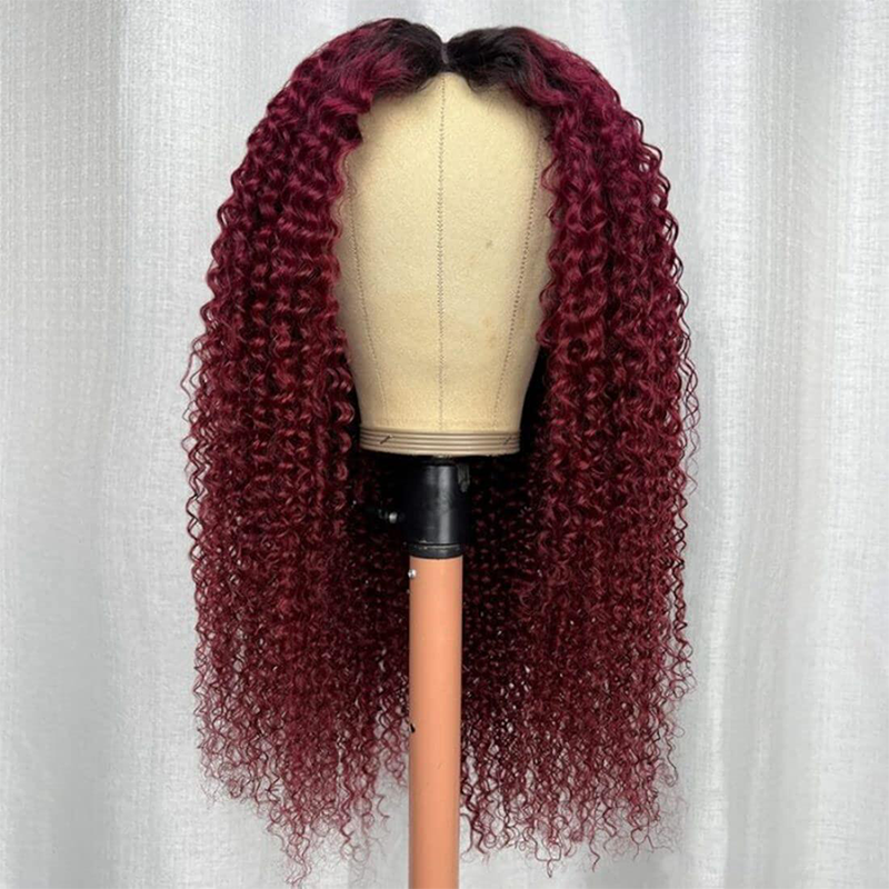 𝐍𝐄𝐖 ✅T1B/99J Ombre Burgundy V/U Part Wig Human Hair No Leave Out Curly Human Hair Wigs