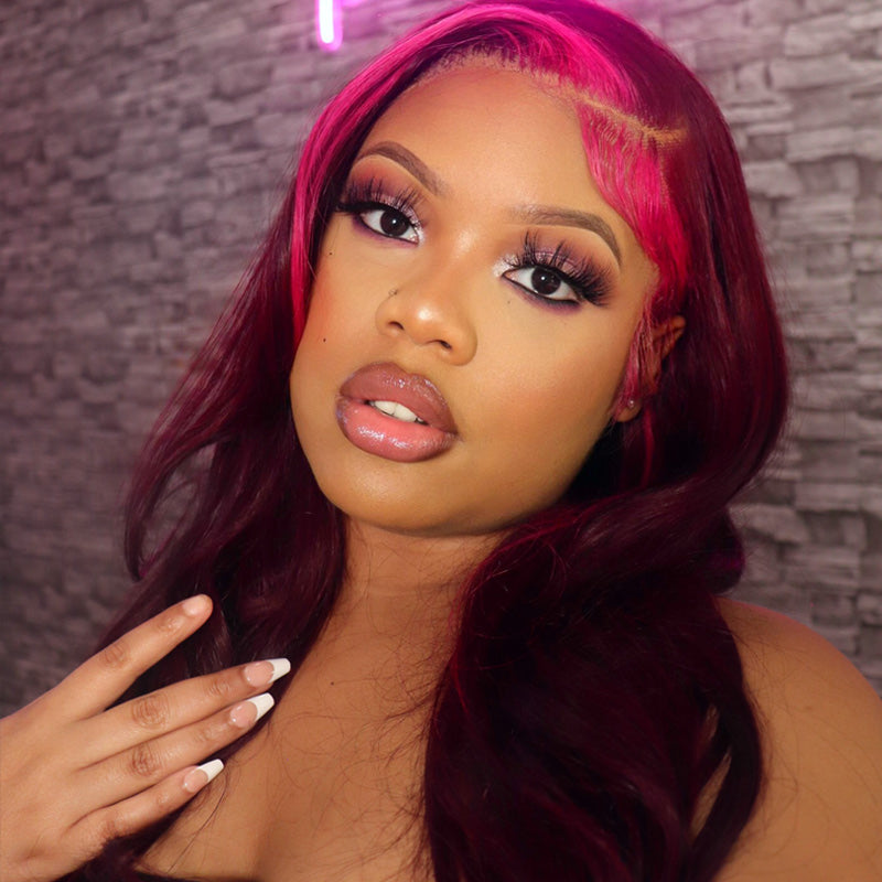 Side Part Highlight Money Piece Pink Purple Human Hair Body Wave Wig